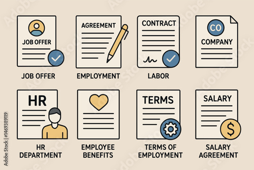 Human resources flat icons set – employment, contract, job management symbols