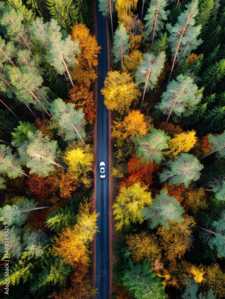 Car Drives Through Colorful Autumn Forest on Winding Road Captured From Drone Perspective Above Generative AI