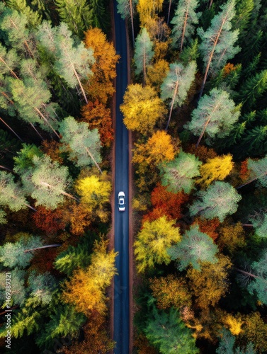 Obraz na płótnie Car Drives Through Colorful Autumn Forest on Winding Road Captured From Drone Perspective Above Generative AI w salonie