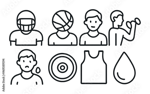 Fitness and sports outline icons set – linear, exercise and workout symbols