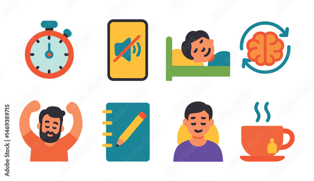 Fototapeta premium Productivity and relaxation outline icons set – flat, filled, efficiency symbols