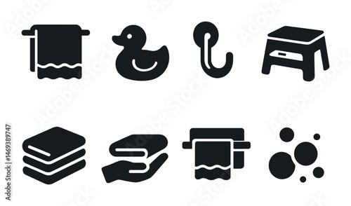Bathroom essentials solid icons set – filled, hygiene, cleaning symbols