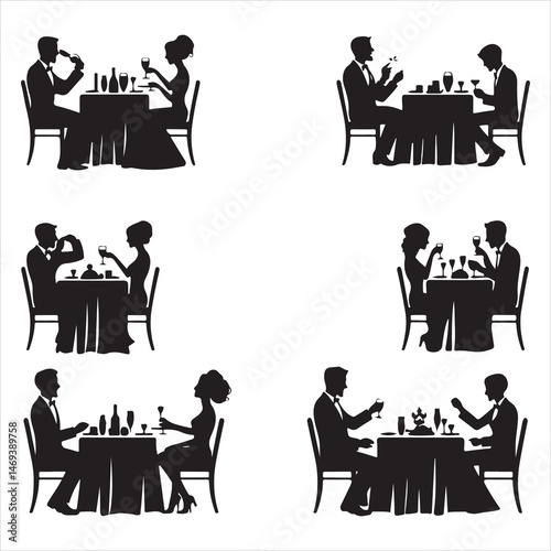 Celebratory Wedding Banquet Silhouettes Guests Eating and Mingling  , black colour vactor 