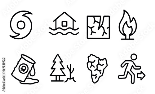Natural disaster outline icons set – linear, emergency, crisis symbols collection