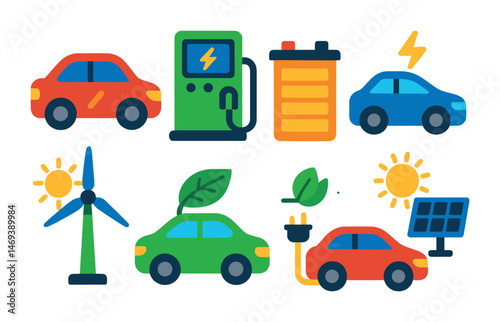 Electric vehicle flat icons set – green energy, sustainable, eco-friendly symbols