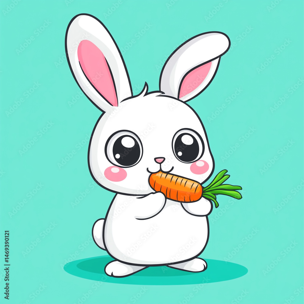 Obraz premium A cute white bunny with large eyes and pink cheeks is holding a carrot. The bunny has long ears with pink inner parts and is sitting on a teal background.