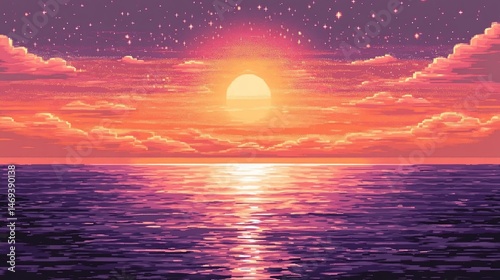 Pixel Sunset: Serene Ocean at Dusk