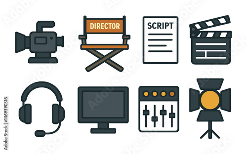 Film production flat icons set – media, filmmaking, studio design elements