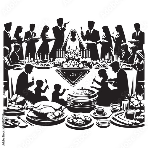 Celebratory Wedding Banquet Silhouettes Guests Eating and Mingling  , black colour vactor 