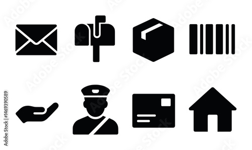 Mail and delivery solid icons set – flat, filled, postal and shipping symbols