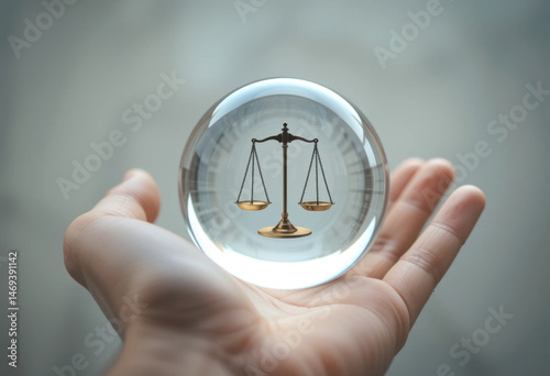 open human hand gently holding a clear glass sphere with a miniature balanced scale inside, reflecting light, symbolizing justice and integrity. Soft depth of field, neutral background,
