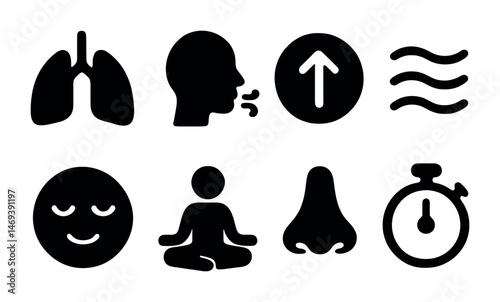 Breathing health outline icons set – wellness, medical, respiratory system symbols