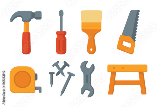 Diy and handyman flat icons set – tools, construction and repair visuals