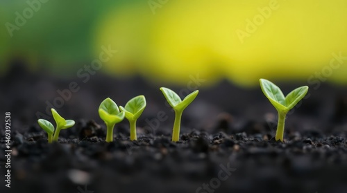 Five seedlings in various growth stages emerge from dark soil against a blurred, sunny background