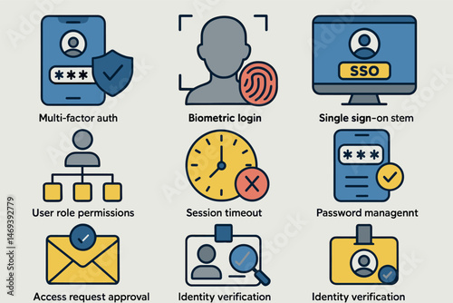 Cybersecurity and access control flat icons set – digital, secure login symbols