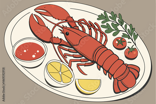 9 Photorealistic plate of lobster, gourmet seafood presentation, ornate white ceramic dish, lemon wedges, cherry tomato, fresh herbs, colorful sauces, vibrant food photography, top-down view, intricat