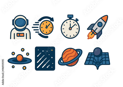 Space exploration flat icons set – filled, solid, cosmic and astronaut symbols