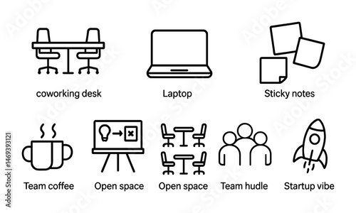 Coworking and startup outline icons set – silhouette, team, office collaboration symbols