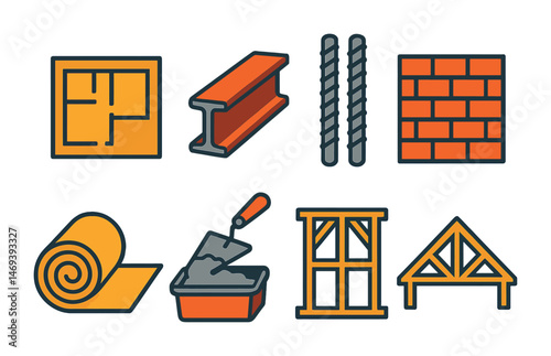 Construction and building outline icons set – flat, solid, architectural design symbols