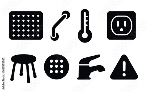 Home utilities solid icons set – filled, safety, electrical and plumbing symbols