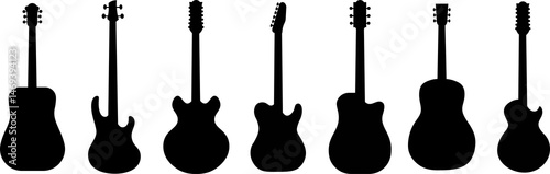 Guitar silhouettes set.Acoustic and heavy rock electric guitars musical instruments. Simple set of electric guitar vector icons for web design. Music symbols collection.