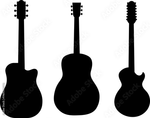 Guitar silhouettes set.Acoustic and heavy rock electric guitars musical instruments. Simple set of electric guitar vector icons for web design. Music symbols collection.