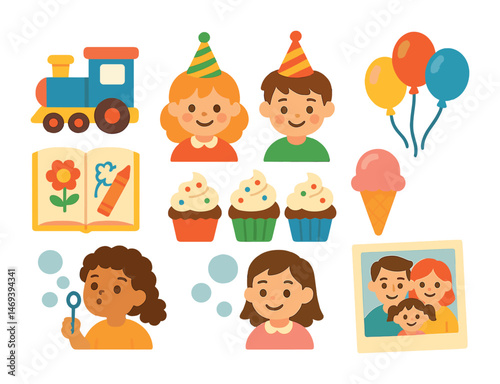 Children's party flat icons set – playful, joyful celebration and fun symbols