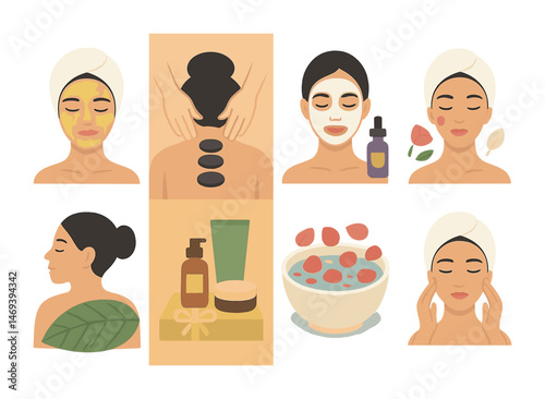 Spa and wellness flat icons set – holistic, relaxation, beauty therapy symbols