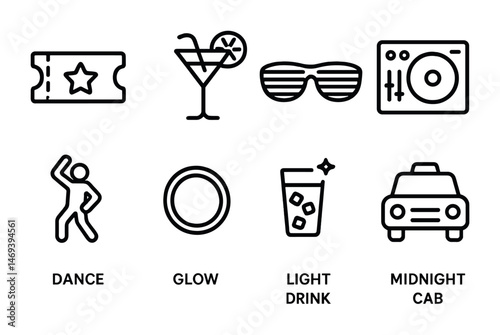 Nightlife and party outline icons set – cocktail, music, dance symbols for events
