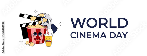 World Cinema Day banner, poster with groovy popcorn character, film reel icon, clapperboard movie y2k element, happy 2000s drink mascot isolated on white background.