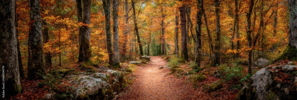 Vibrant Autumn Forest Path Winding Through Colorful Trees and Fallen Leaves in a Serene Landscape Generative AI