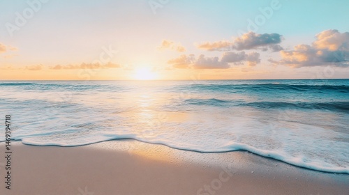 Serene Beachscape: Tranquil Waves and a Glimmering Horizon at Sunset