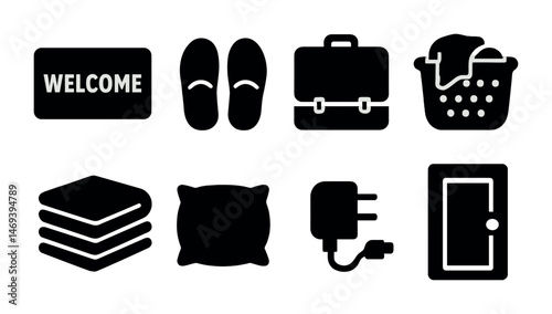 Home and hospitality solid icons set – filled, silhouette, hotel and household symbols