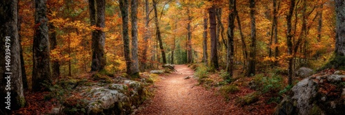 Obraz na płótnie Vibrant Autumn Forest Path Winding Through Colorful Trees and Fallen Leaves in a Serene Landscape Generative AI w salonie