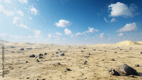 Arid desert expanse with scattered rocks and cloudscape backdrop