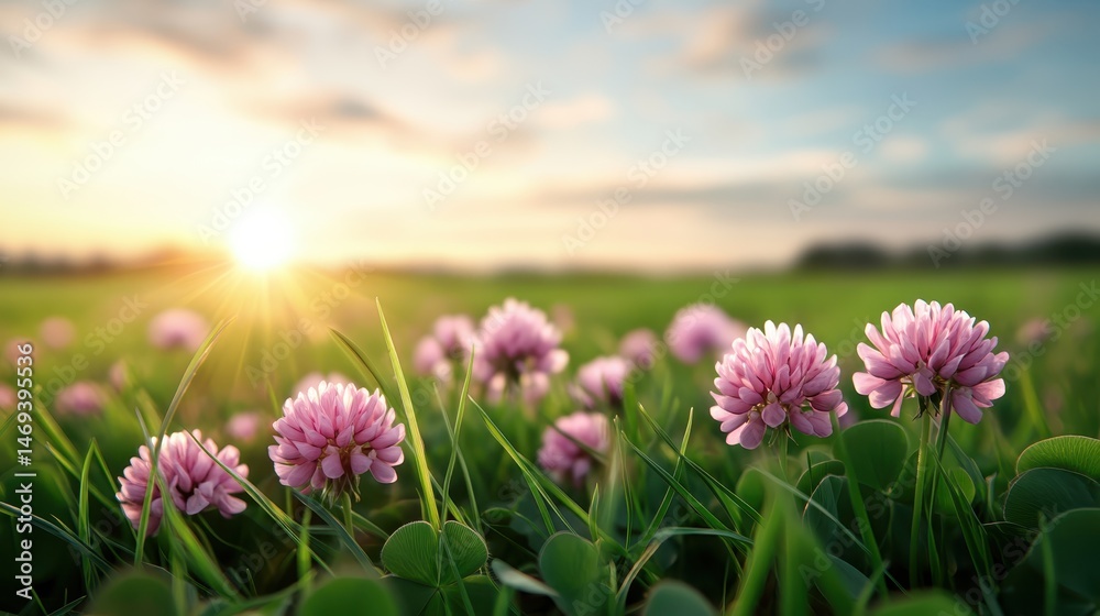 Fototapeta premium A picturesque scene of blooming pink clover flowers illuminated by the warm sun, capturing the essence of tranquility and the beauty of a spring sunset in a vast green field.