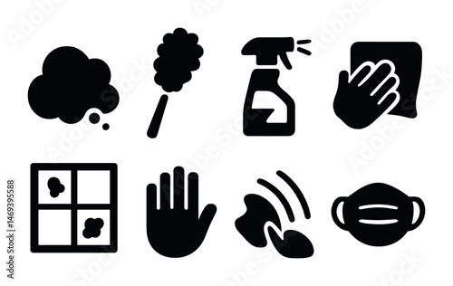 Cleaning and hygiene solid icons set – filled, sanitation, health symbols