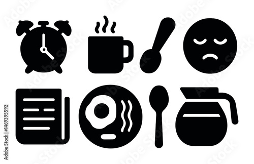 Breakfast time solid icons set – filled, morning, meal and kitchen essentials