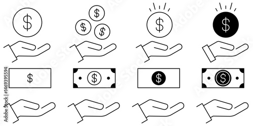 Hand Holding a Dollar Icon set. Donation symbol for web design and mobile app. Save Money line logo on white background. Vector illustration.
