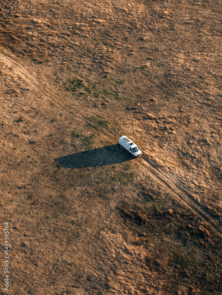 Van Parked in an Open Field Under the Bright Sun During Midday With a Clear Blue Sky Above Generative AI