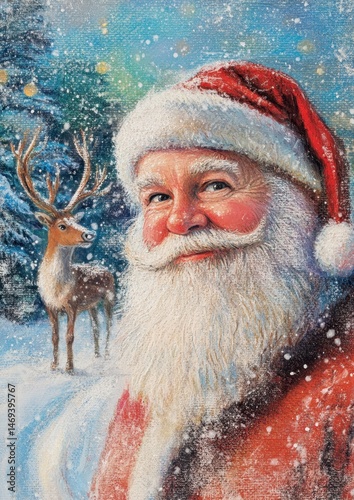 Cheerful Santa Claus Portrait with Reindeer in Winter Wonderland