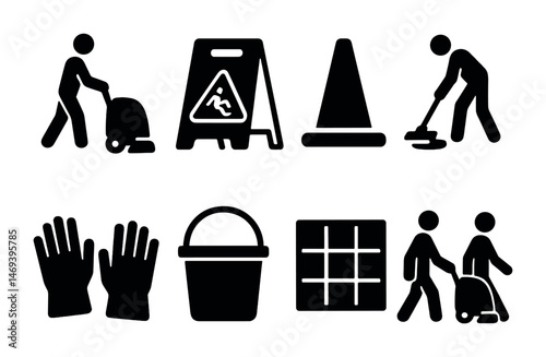 Cleaning and sanitation silhouette icons set – solid, hygiene, safety symbols