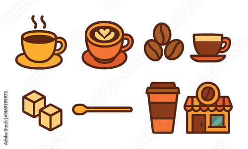 Coffee shop flat icons set – solid, filled, café and beverage symbols