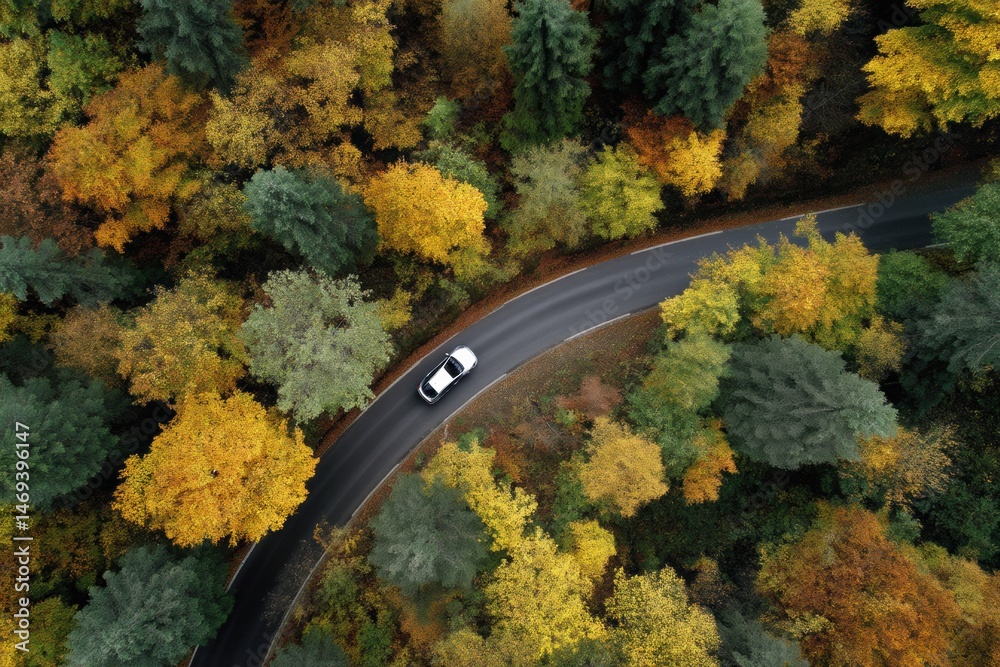 Car Drives Along Winding Road Through Colorful Autumn Forest With Vibrant Foliage Generative AI