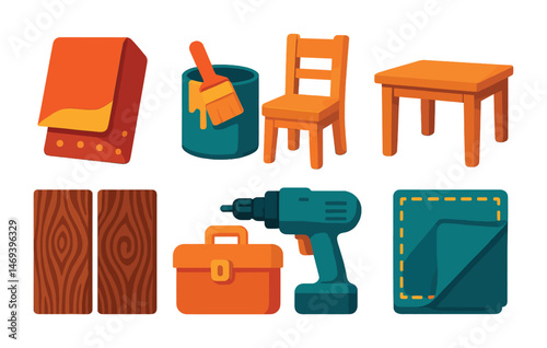 Carpentry and diy tools icons set – flat, filled, woodworking and home repair symbols