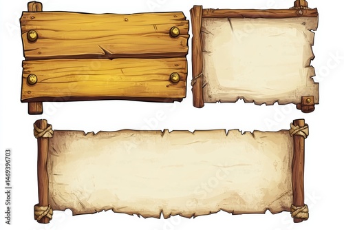 Three weathered wooden and parchment signs.  Two are rectangular and one is a horizontal scroll.  Each has a distressed appearance