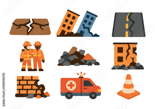 Earthquake and disaster icons set – flat, filled, emergency and safety symbols