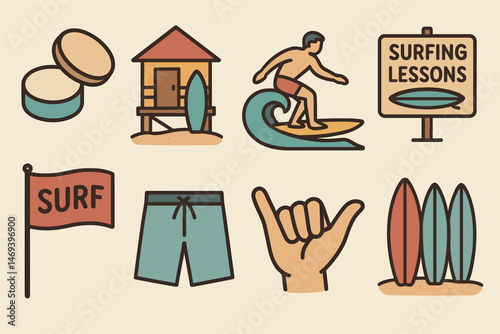 Surfing and water sports icons set – flat, filled, beach and wave symbols