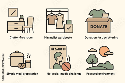 Decluttering and minimalism flat icons set – organization, tidy living, clean design