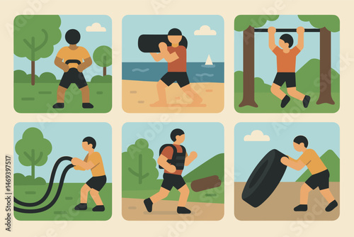 Fitness and exercise icons set in flat style – workout, training, health symbols